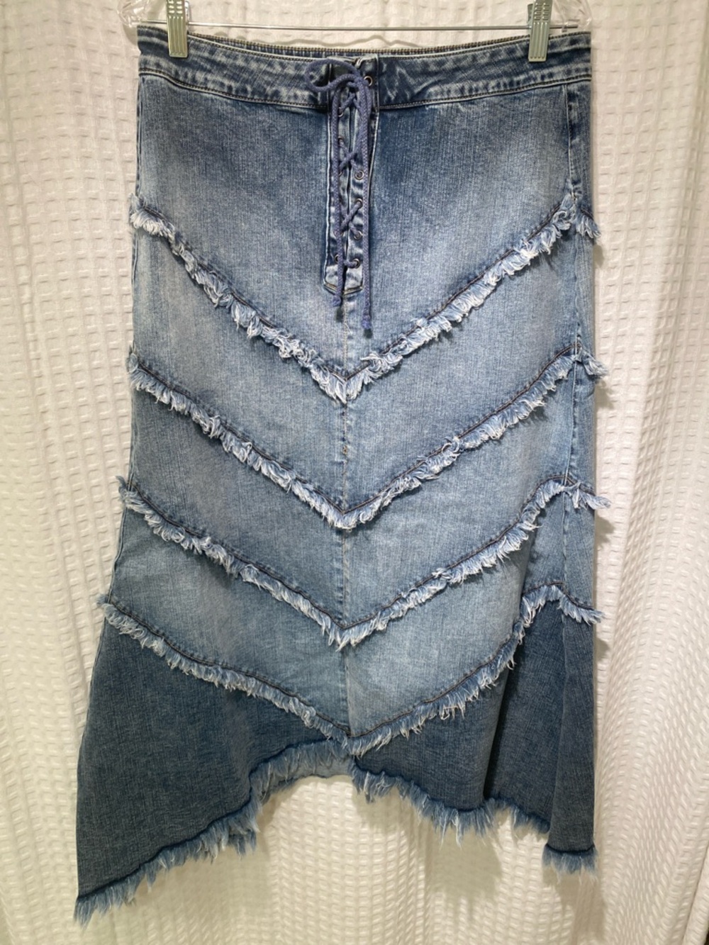 Denim Asymmetrical Fringe Skirt - Light Blue